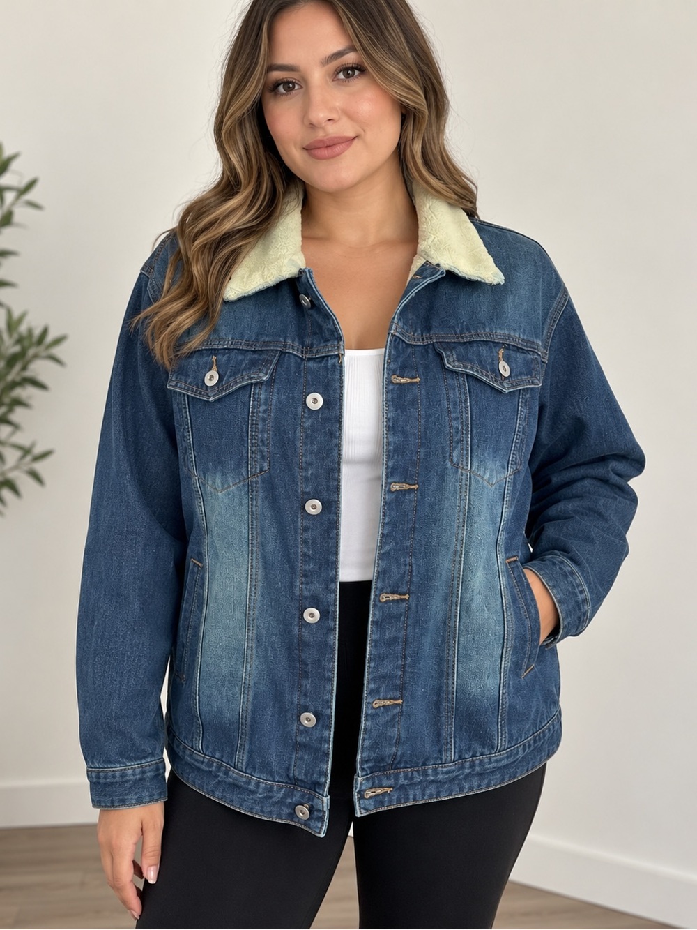 HME Makeover Essentials Dark Blue Denim Jacket with Cream Sherpa Collar